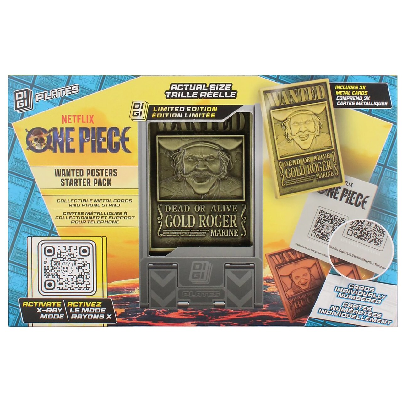 Exquisite Gaming: Digiplate Starter Pack - One Piece: Wanted Posters - 3 Collectible Metal Cards & Phone Stand, Copper-Gold-Silver Plates, Netflix